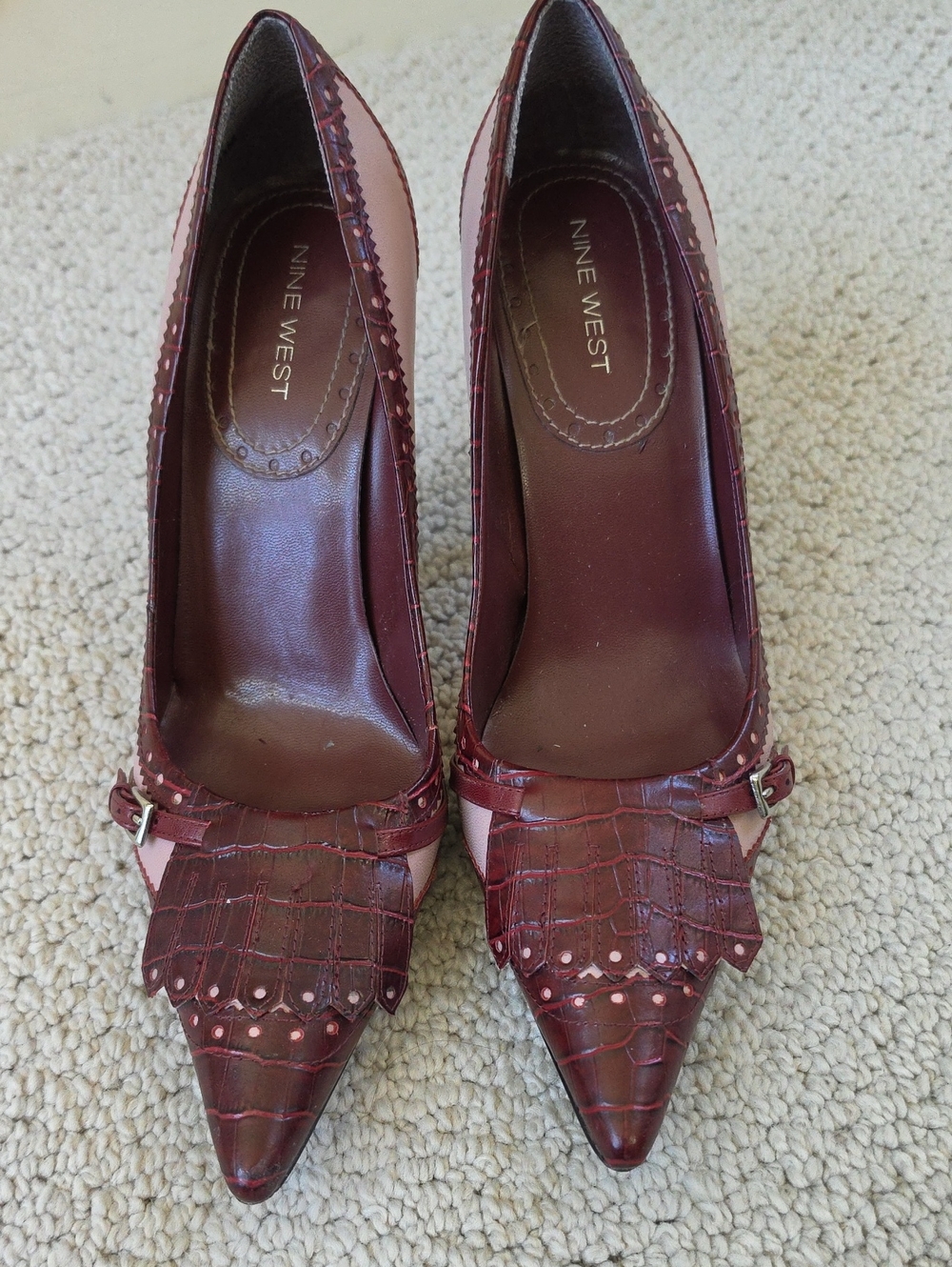 Nine West Burgundy Croc-Embossed Pointed-Toe Heels with Fringe
